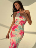 SHEIN Aloruh Elegant Pink Floral Print Beach Vacation Party Bodycon Dress With Plunging Neckline, Backless Bowknot
