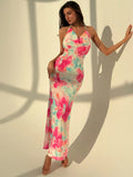 SHEIN Aloruh Elegant Pink Floral Print Beach Vacation Party Bodycon Dress With Plunging Neckline, Backless Bowknot