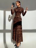 SHEIN Aloruh New Autumn/Winter Brown Zebra Print Long Sleeve Bodycon Dress, Suitable For Formal Party, Date, Daily Wear, Retro Vintage Chic Dress, Brown Dress, Autumn Dress Leopard Print