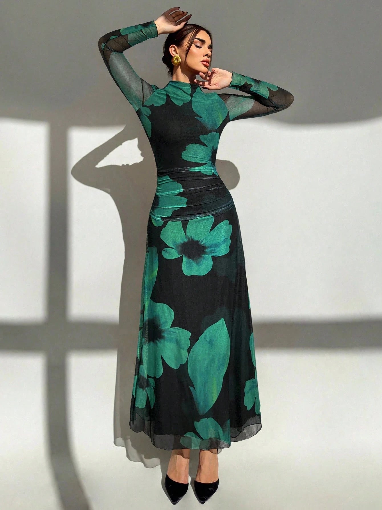 SHEIN Aloruh New Autumn/Winter Red Tie Dye Floral Mesh Print Party Long Sleeve Fitted Dress