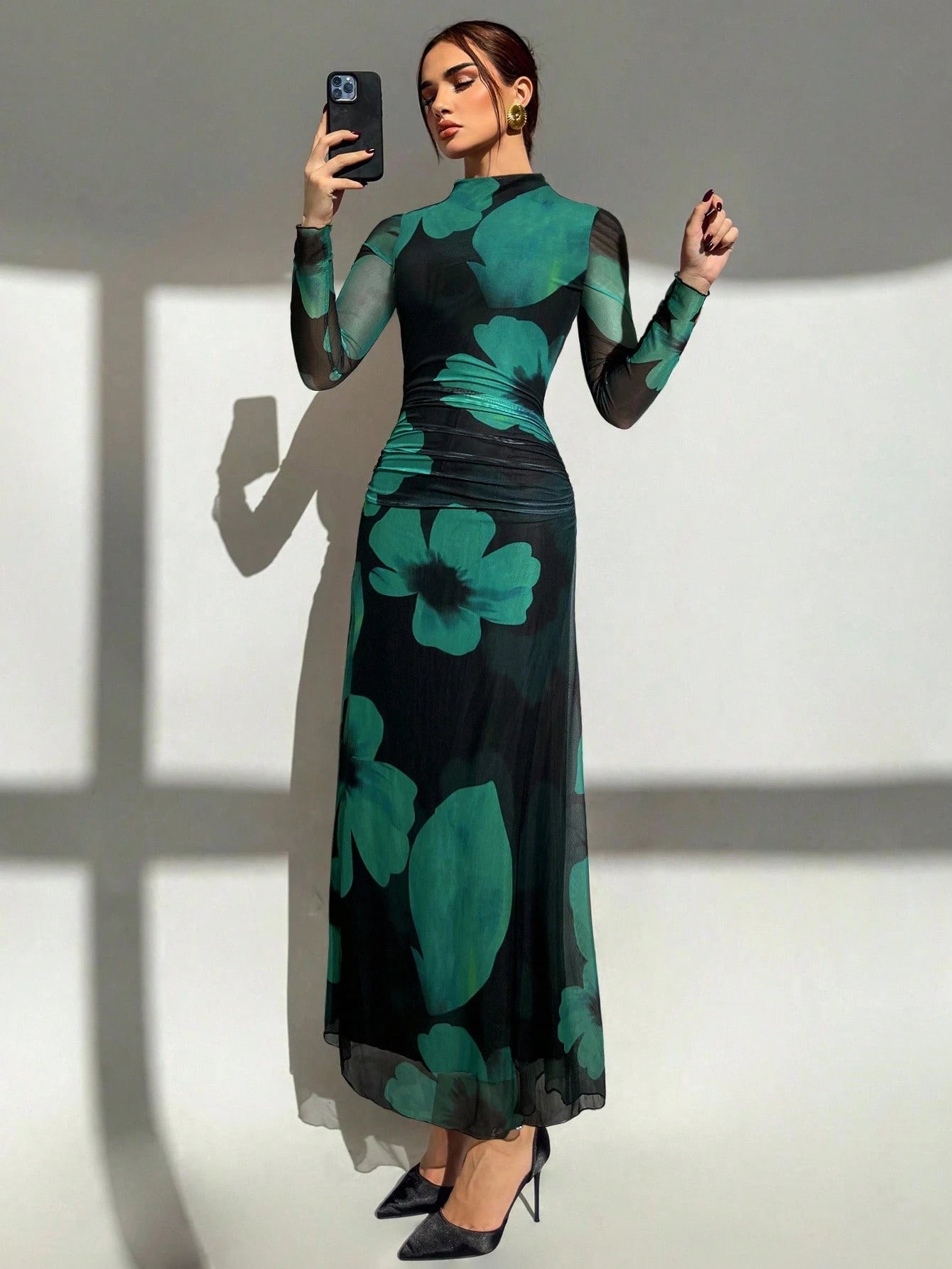 SHEIN Aloruh New Autumn/Winter Red Tie Dye Floral Mesh Print Party Long Sleeve Fitted Dress