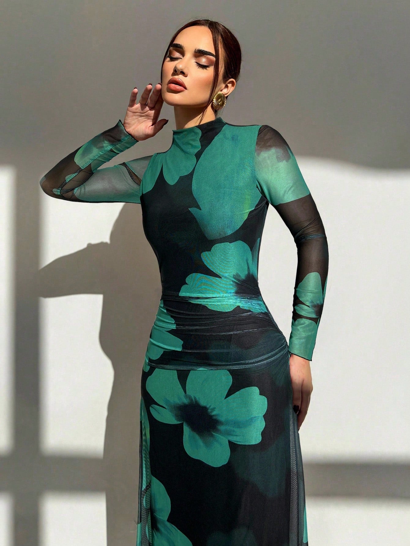 SHEIN Aloruh New Autumn/Winter Red Tie Dye Floral Mesh Print Party Long Sleeve Fitted Dress