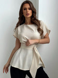 SHEIN Aloruh Round Collar & Waist Belted & X Shaped & Simple & Commuting Women's Shirt