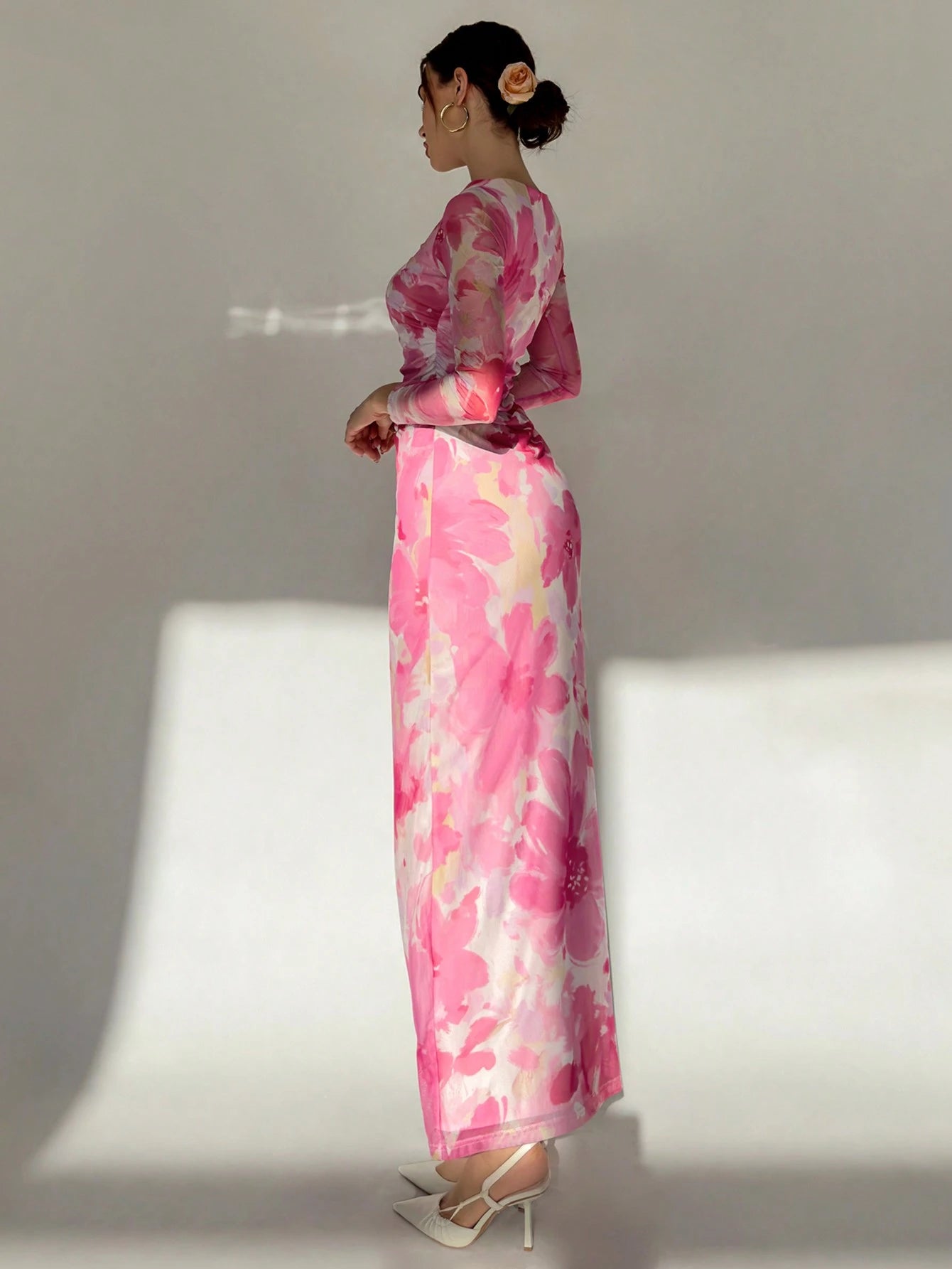  | SHEIN Aloruh Valentine's Day Pink Floral Print Long Sleeve Maxi Mesh Dress For Women | Dress | Shein | OneHub
