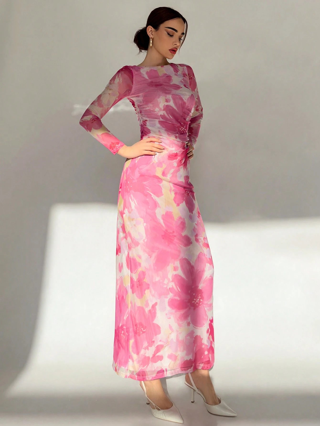  | SHEIN Aloruh Valentine's Day Pink Floral Print Long Sleeve Maxi Mesh Dress For Women | Dress | Shein | OneHub