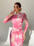  | SHEIN Aloruh Valentine's Day Pink Floral Print Long Sleeve Maxi Mesh Dress For Women | Dress | Shein | OneHub