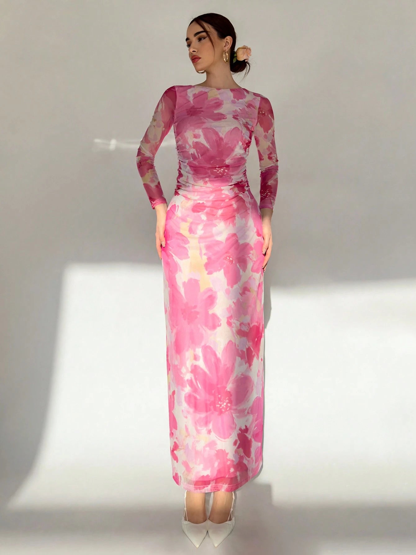  | SHEIN Aloruh Valentine's Day Pink Floral Print Long Sleeve Maxi Mesh Dress For Women | Dress | Shein | OneHub