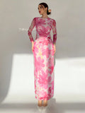  | SHEIN Aloruh Valentine's Day Pink Floral Print Long Sleeve Maxi Mesh Dress For Women | Dress | Shein | OneHub