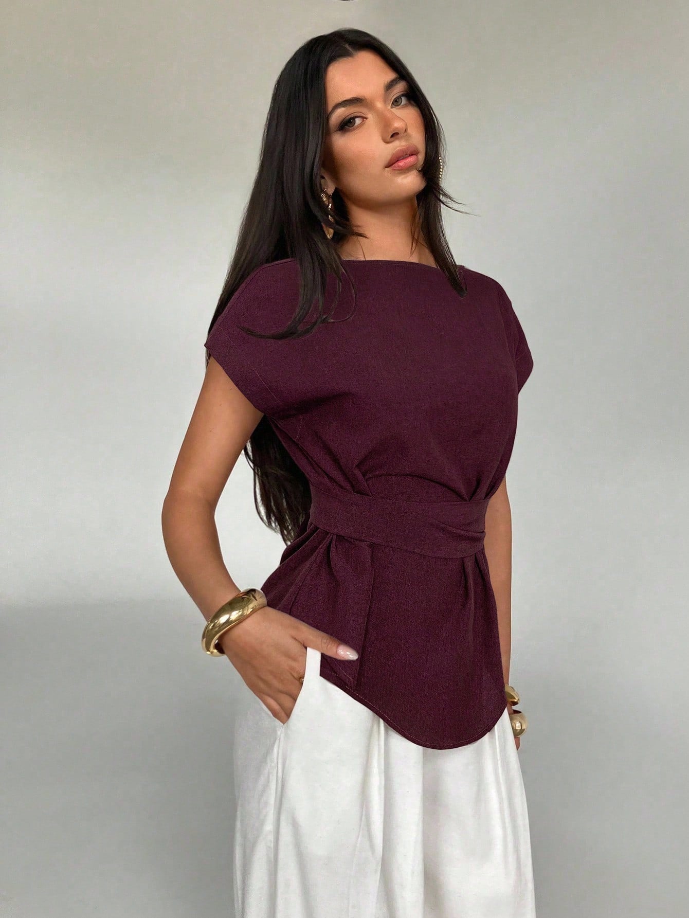  | Aloruh Women's Summer Casual Plain Color Batwing Sleeve Back Knotted Pleated Fitted Blouse | Top | Shein | OneHub