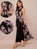 SHEIN Amorya Women's Summer Elegant Floral Printed Splice High Slit Sleeveless Jumpsuit Fall/Winter Women Clothes Back To School Modest Vintage Old Money Teacher Outfits For Women Airport