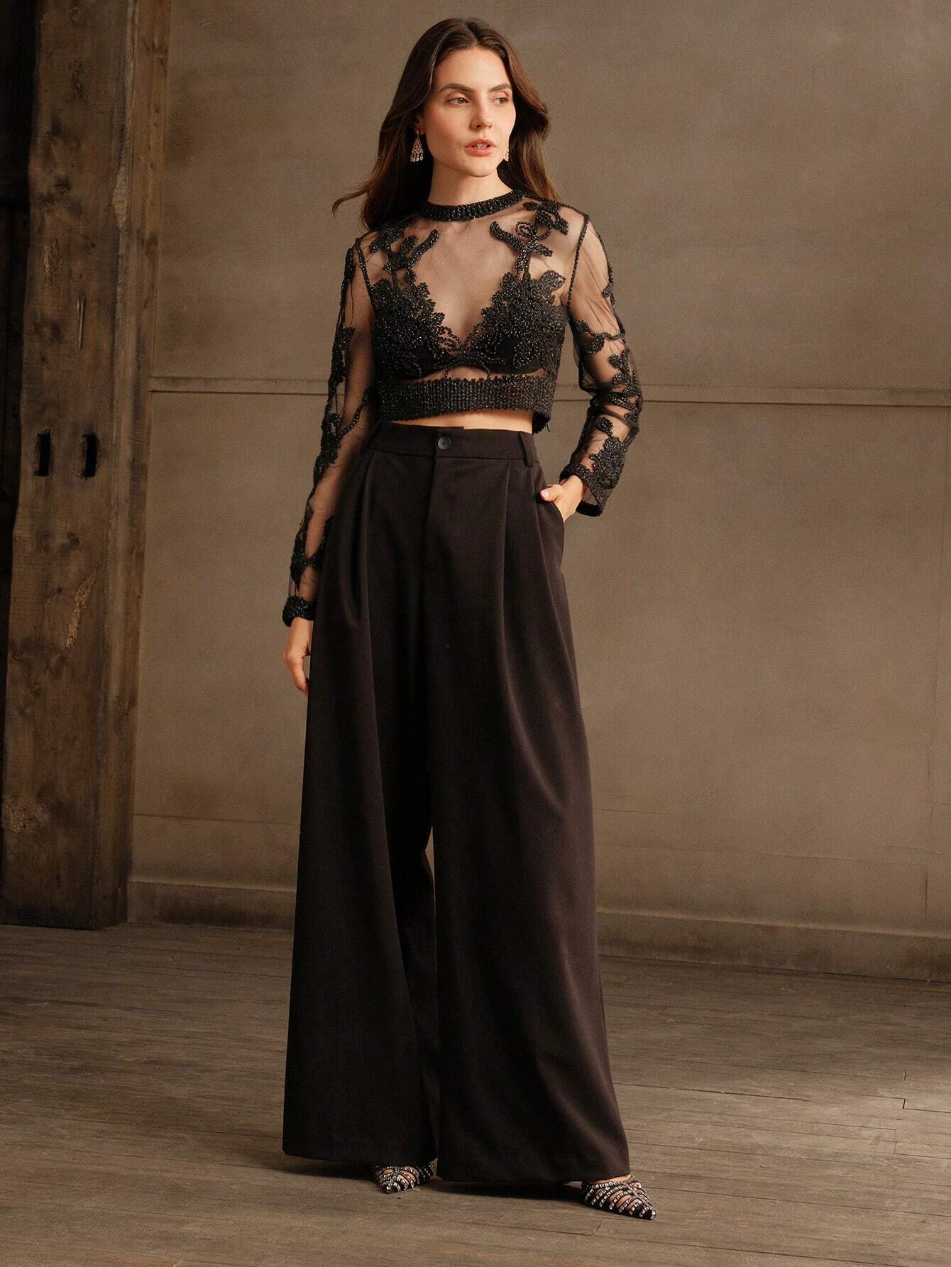  | SHEIN Anewsta Crochet Mesh Embroidery Sexy See-Through Blouse | Top | Shein | OneHub