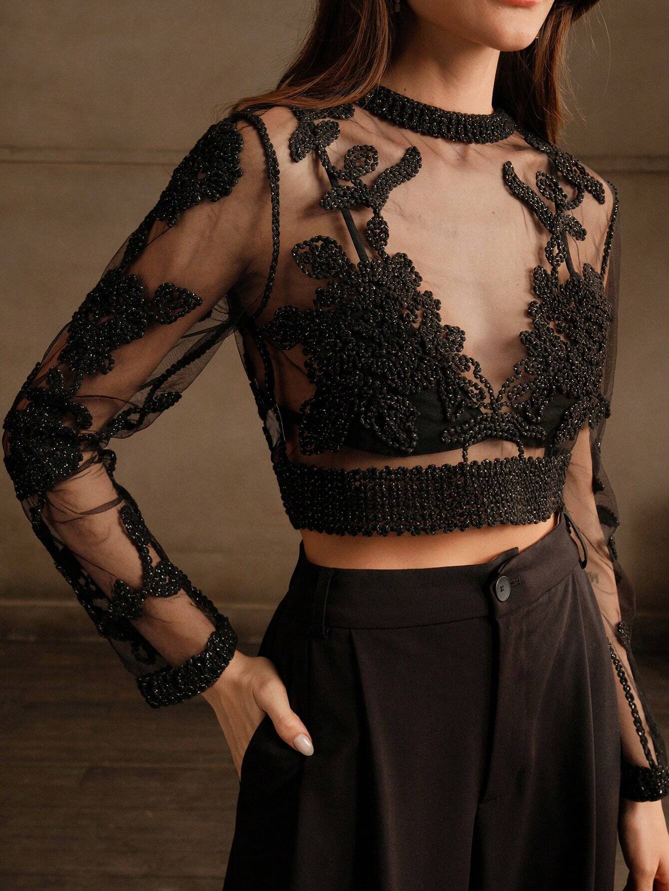  | SHEIN Anewsta Crochet Mesh Embroidery Sexy See-Through Blouse | Top | Shein | OneHub