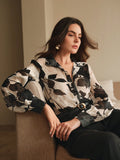 SHEIN Anewsta Ladies' Autumn Woven French Jacquard Printed Black Apricot Versatile Long Sleeved Shirt Elegant, Casual, Vacation, Spring
