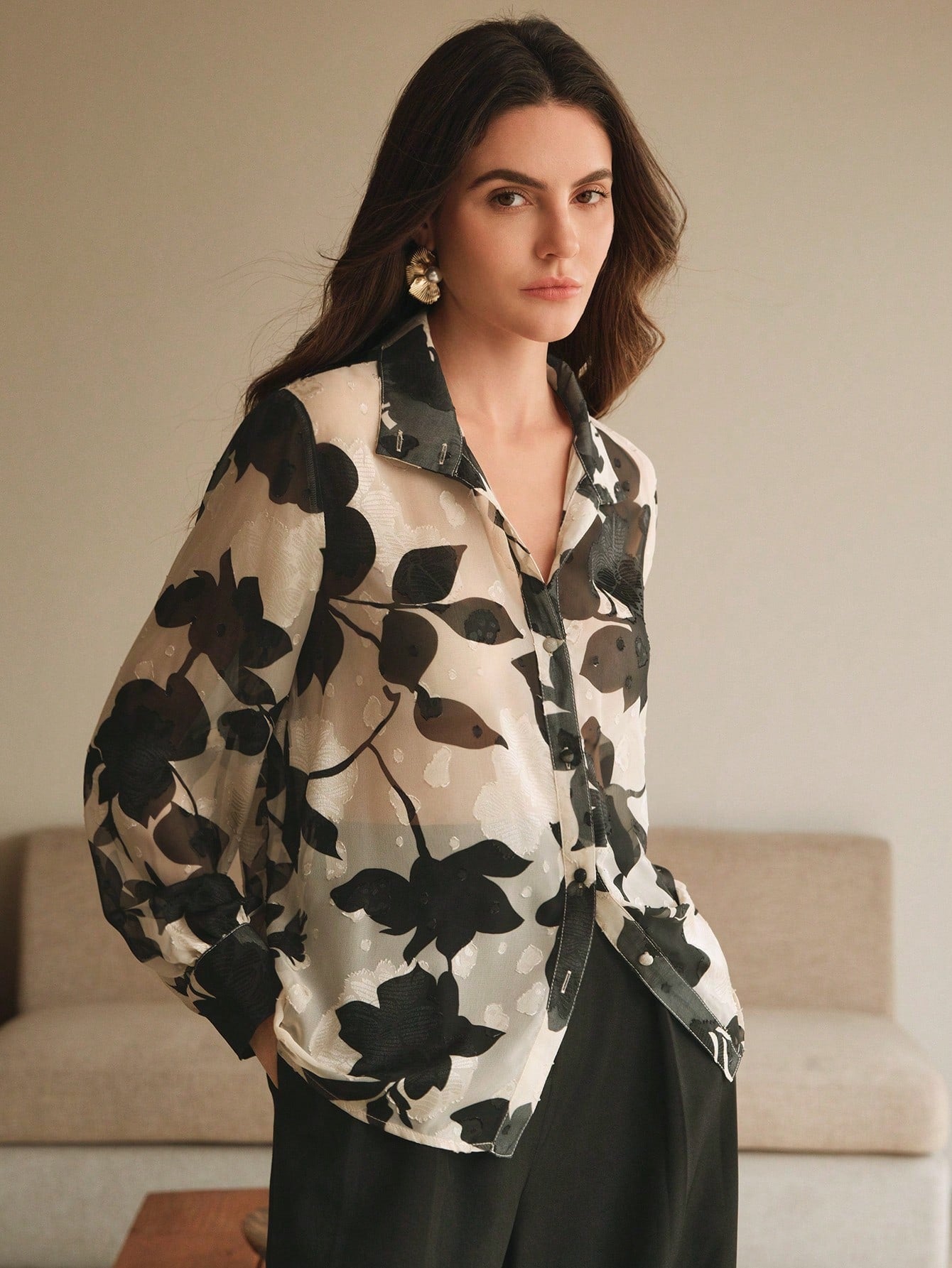 SHEIN Anewsta Ladies' Autumn Woven French Jacquard Printed Black Apricot Versatile Long Sleeved Shirt Elegant, Casual, Vacation, Spring