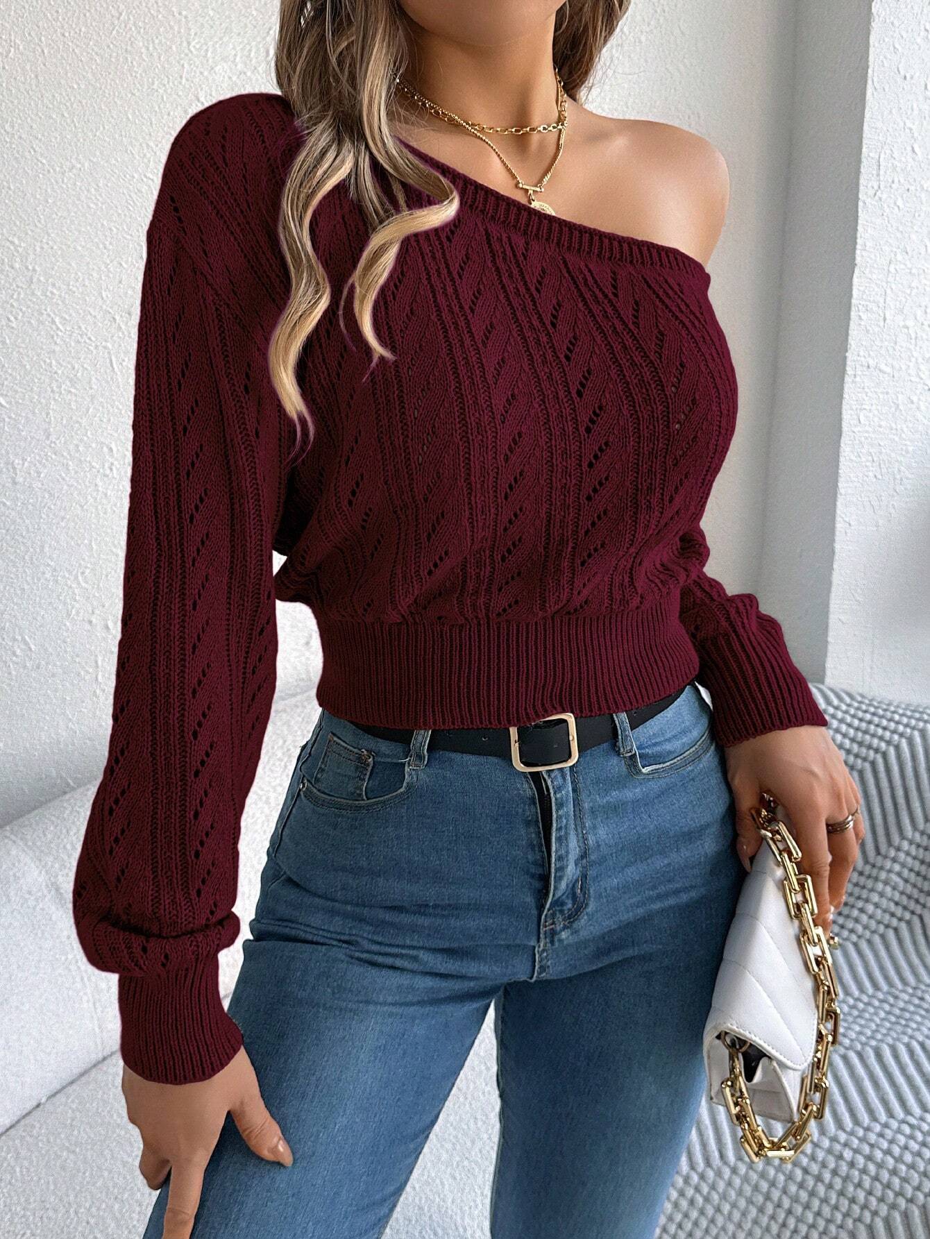 SHEIN Autumn/Winter Sexy Asymmetrical Shoulder Hollow Out Long Sleeve Knitted Sweater - Real Shooting,Long Sleeve Tops