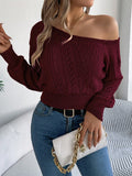 SHEIN Autumn/Winter Sexy Asymmetrical Shoulder Hollow Out Long Sleeve Knitted Sweater - Real Shooting,Long Sleeve Tops