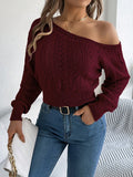 SHEIN Autumn/Winter Sexy Asymmetrical Shoulder Hollow Out Long Sleeve Knitted Sweater - Real Shooting,Long Sleeve Tops