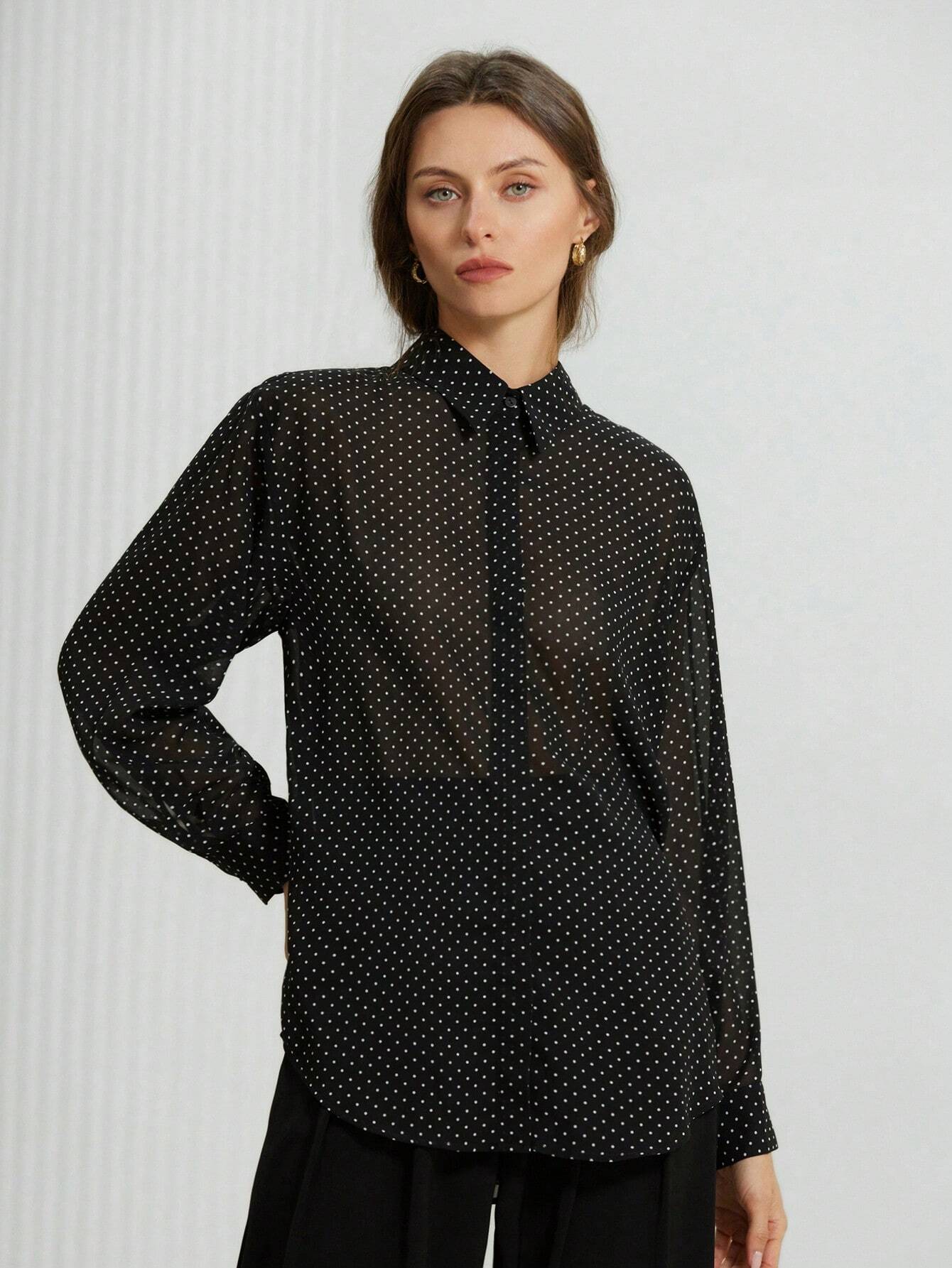  | SHEIN Aveloria Modichic Classic Black & White Polka Dot Chiffon Sheer Collared Long Sleeve Shirt For Women | Top | Shein | OneHub