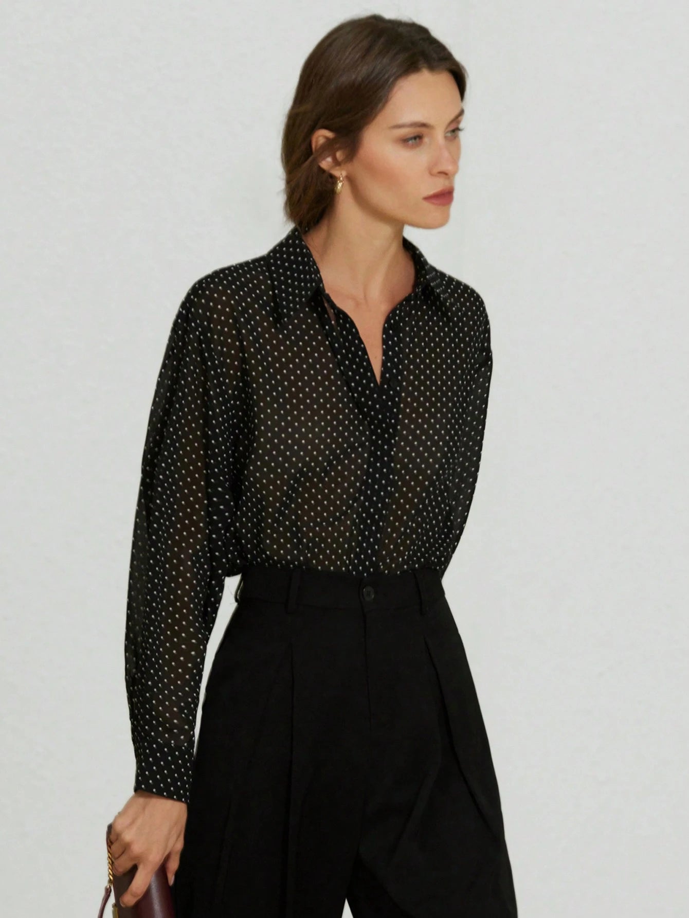  | SHEIN Aveloria Modichic Classic Black & White Polka Dot Chiffon Sheer Collared Long Sleeve Shirt For Women | Top | Shein | OneHub