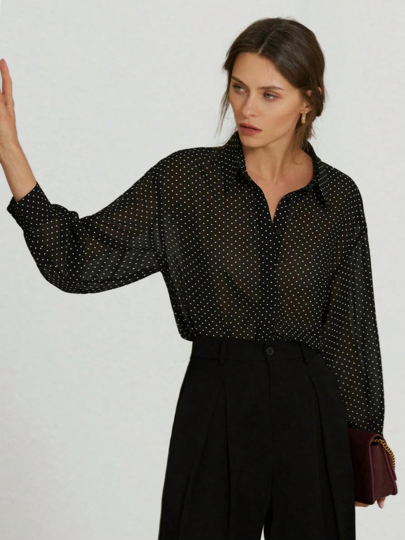  | SHEIN Aveloria Modichic Classic Black & White Polka Dot Chiffon Sheer Collared Long Sleeve Shirt For Women | Top | Shein | OneHub