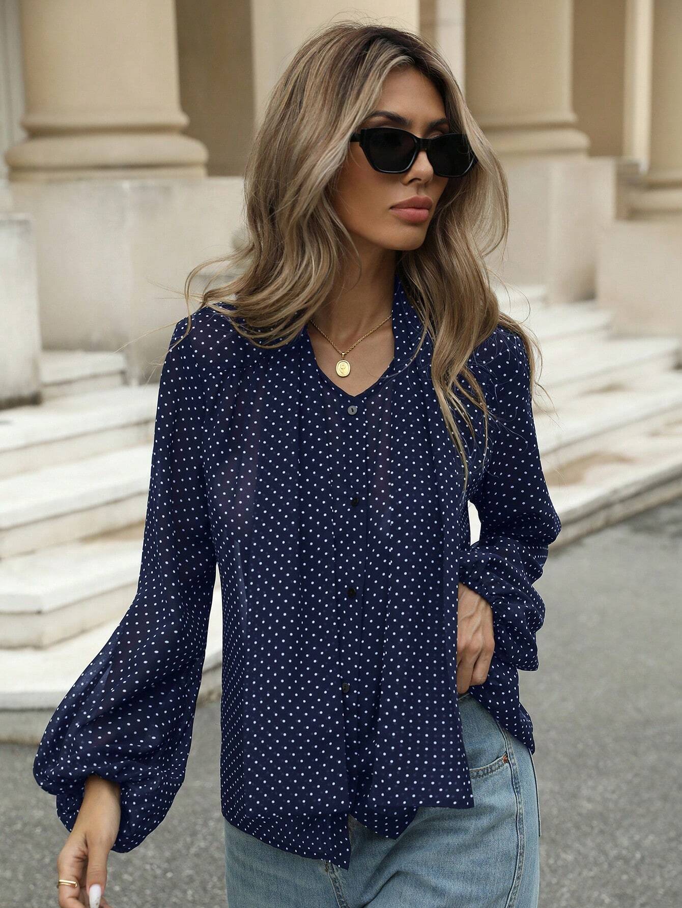  | SHEIN Aveloria Modichic Classic Retro Polka Dot Tie Front Semi-Sheer Blouse, French Style Elegant Business Casual Women | Top | Shein | OneHub