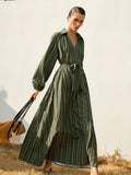 SHEIN Aveloria Modichic Elegant Fashion Vacation Gradient Striped V-Neck Tie-Waist Dress, Long Sleeve Women Dress