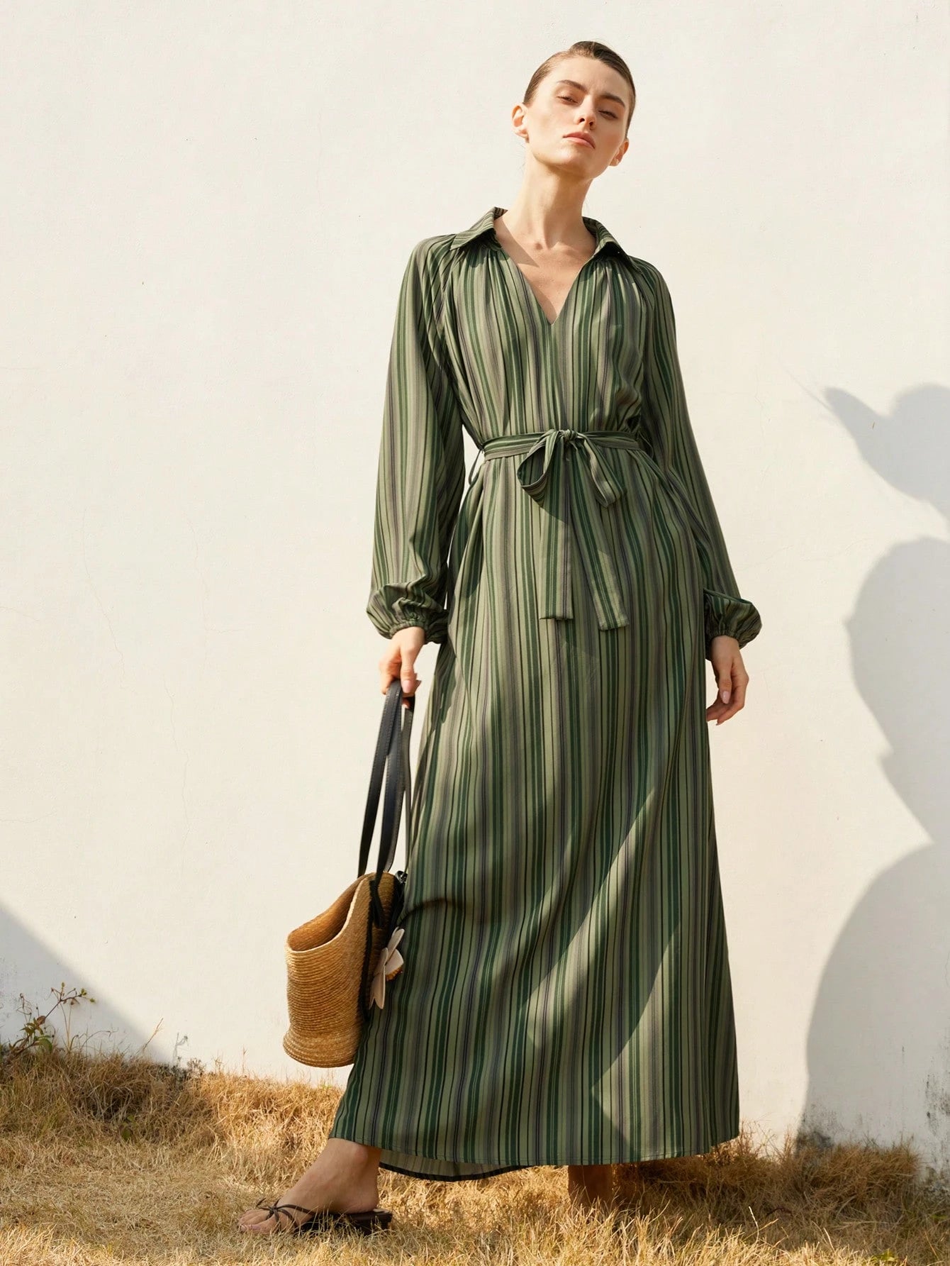  | SHEIN Aveloria Modichic Elegant Fashion Vacation Gradient Striped V-Neck Tie-Waist Dress, Long Sleeve Women Dress | Dress | Shein | OneHub