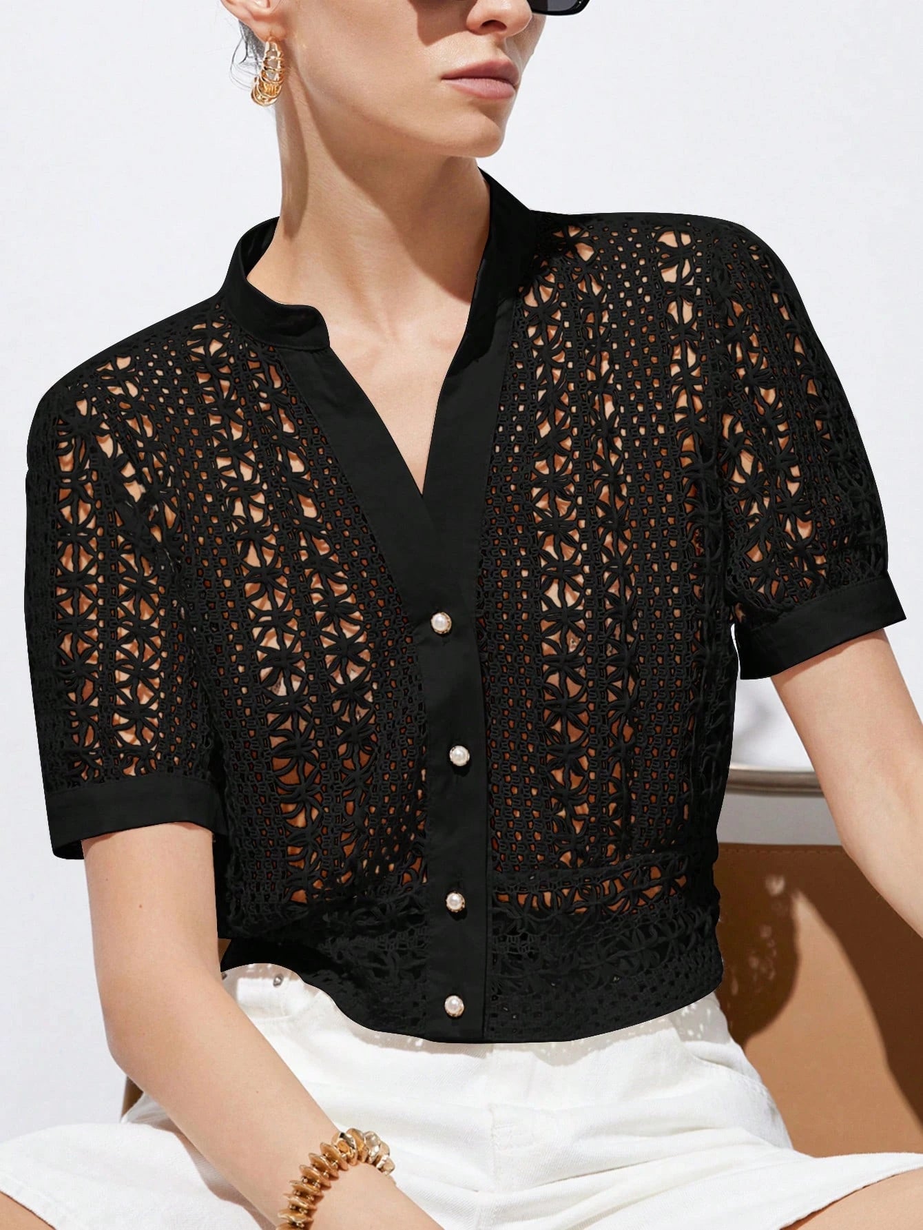  | SHEIN Aveloria Modichic Elegant Lightweight Summer Vacation Versatile Elaborately Crafted Sexy Hollow Out Design Loose Fit V-Neck Puff Sleeve Blouse For Women | Top | Shein | OneHub