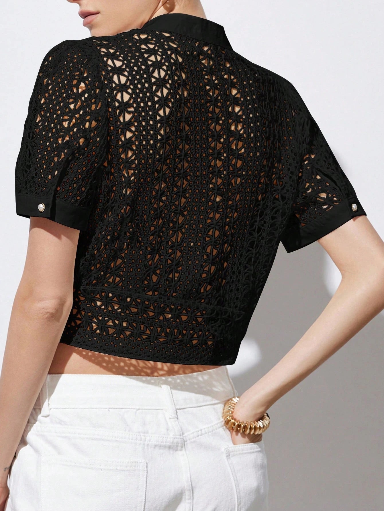  | SHEIN Aveloria Modichic Elegant Lightweight Summer Vacation Versatile Elaborately Crafted Sexy Hollow Out Design Loose Fit V-Neck Puff Sleeve Blouse For Women | Top | Shein | OneHub