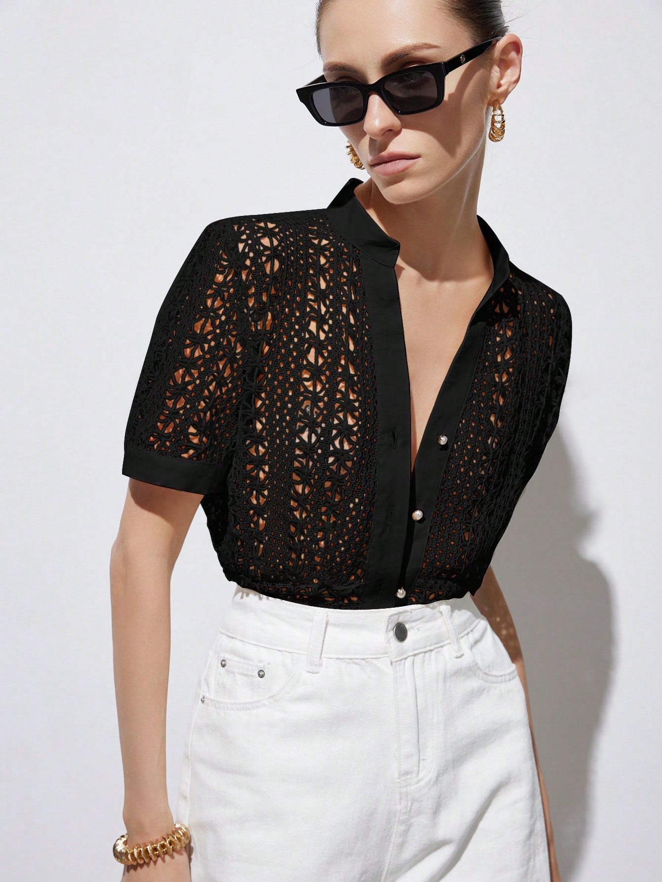  | SHEIN Aveloria Modichic Elegant Lightweight Summer Vacation Versatile Elaborately Crafted Sexy Hollow Out Design Loose Fit V-Neck Puff Sleeve Blouse For Women | Top | Shein | OneHub