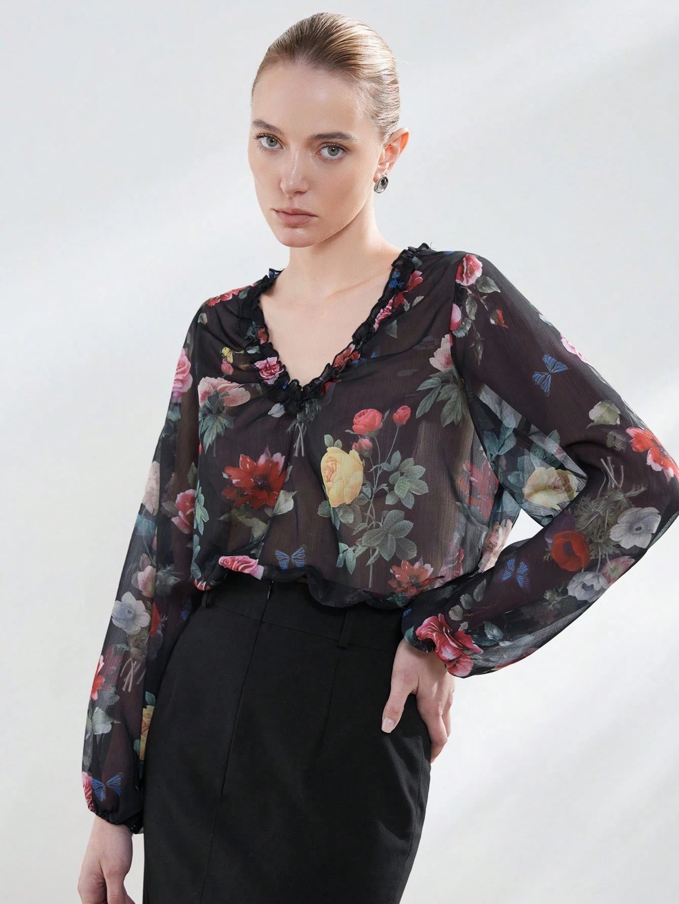  | SHEIN Aveloria Modichic Women's V-Neck Floral Print Patchwork Ruffled Chiffon Long Sleeve Cropped Blouse Fall Cloth For Women | Blouse | Shein | OneHub