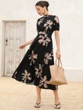 SHEIN Aveloria Rosie Elegant Elegant Stand Collar Heavy Craft Pleated Short Sleeves Retro Floral Print Large Ladies Dress Boho Vacation Fashionable Style All Over Print For Summer