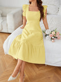 SHEIN Aveloria Rosie Solid Color Square Neck Ruffle Armhole And Hemline Dress Vacation Outfits Woman