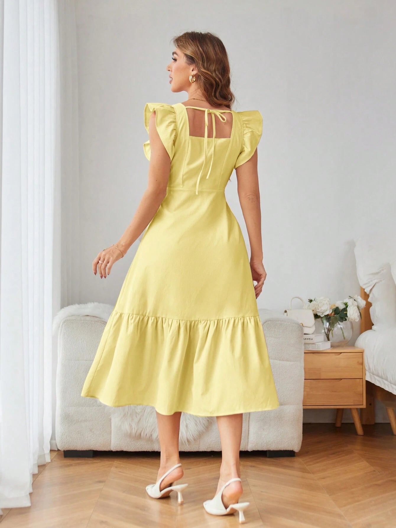  | SHEIN Aveloria Rosie Solid Color Square Neck Ruffle Armhole And Hemline Dress Vacation Outfits Woman | Dress | Shein | OneHub