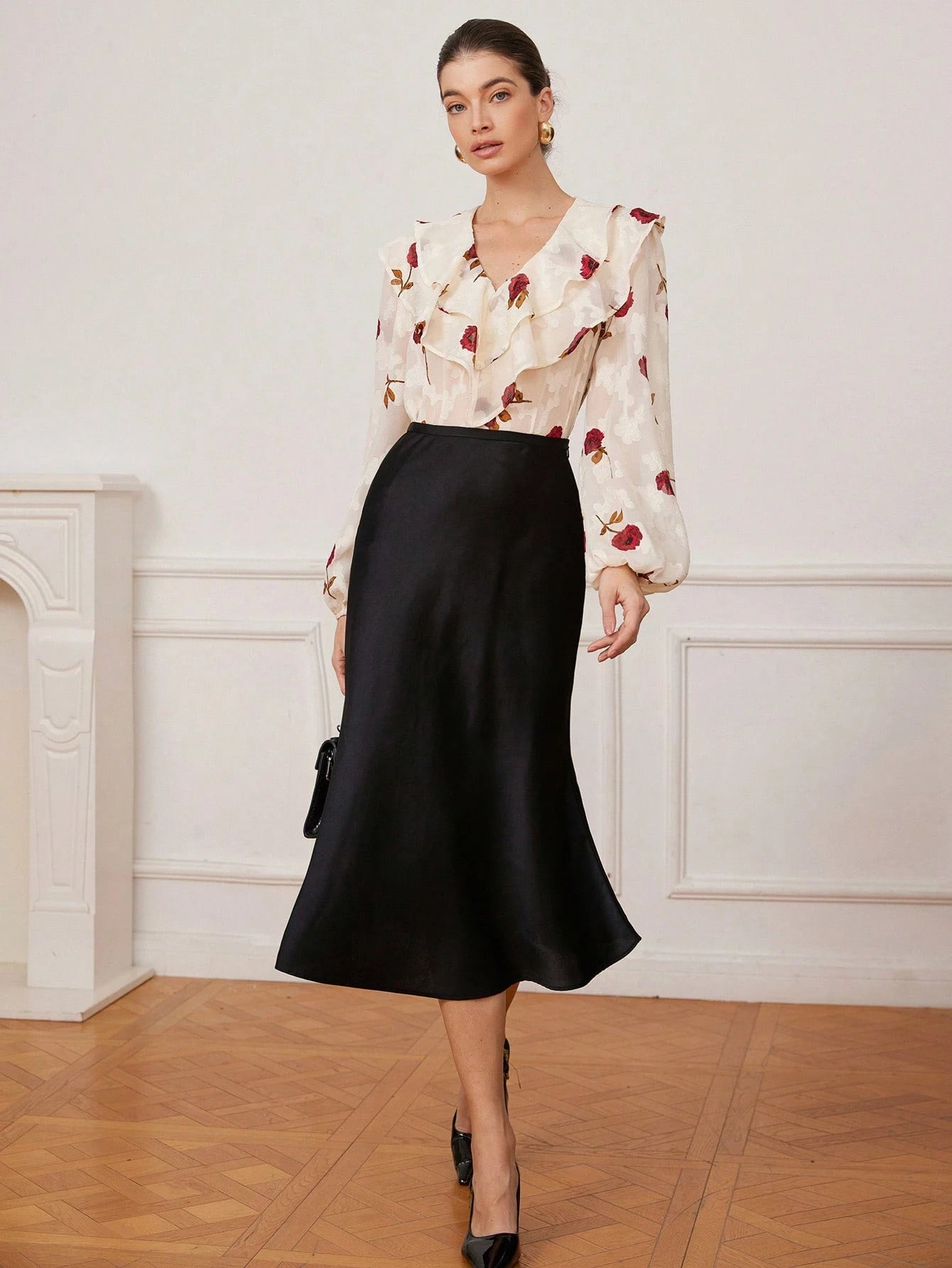 SHEIN Aveloria Rosie V-Neck Double Layer Ruffle Trim Sheer Cut-Out Floral Chiffon Women Long Sleeve Cropped Blouse, Romantic Italian Style Elegant Fashionable Style For Spring Fall