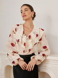 SHEIN Aveloria Rosie V-Neck Double Layer Ruffle Trim Sheer Cut-Out Floral Chiffon Women Long Sleeve Cropped Blouse, Romantic Italian Style Elegant Fashionable Style For Spring Fall