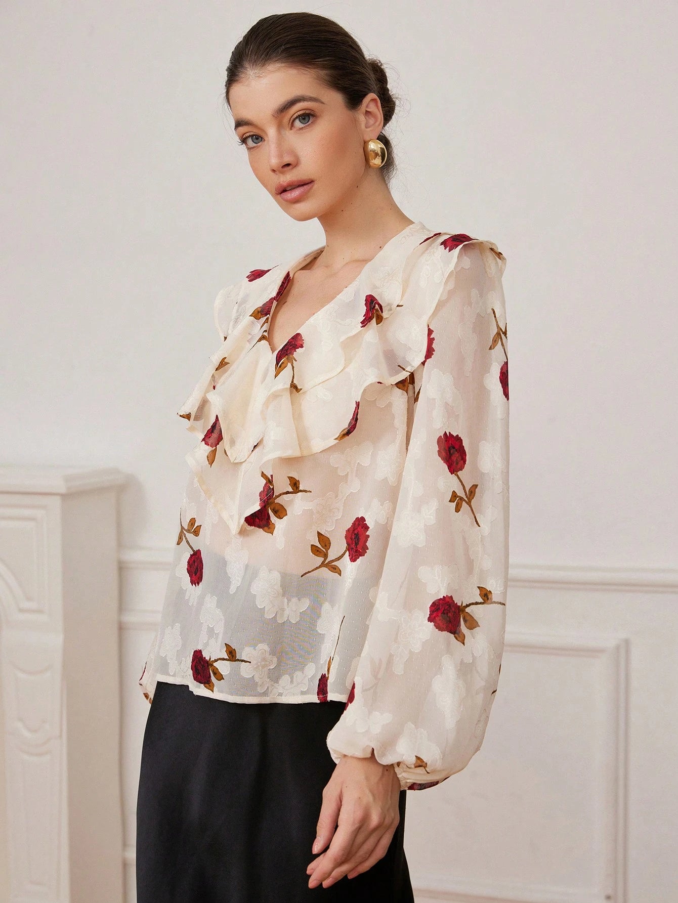 SHEIN Aveloria Rosie V-Neck Double Layer Ruffle Trim Sheer Cut-Out Floral Chiffon Women Long Sleeve Cropped Blouse, Romantic Italian Style Elegant Fashionable Style For Spring Fall
