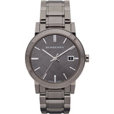A Closeup Forntside View of Burberry Grey Stainless Steel Grey Dial Quartz Watch for Men with White Background