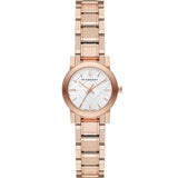 Close up Frontside View Burberry City Rose gold Stainless Steel White Dial Quartz Watch for Women with White Background
