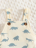 SHEIN Baby Boy Summer Set - Stylish Casual Solid Color Short Sleeve T-Shirt And Cute Dinosaur Overalls
