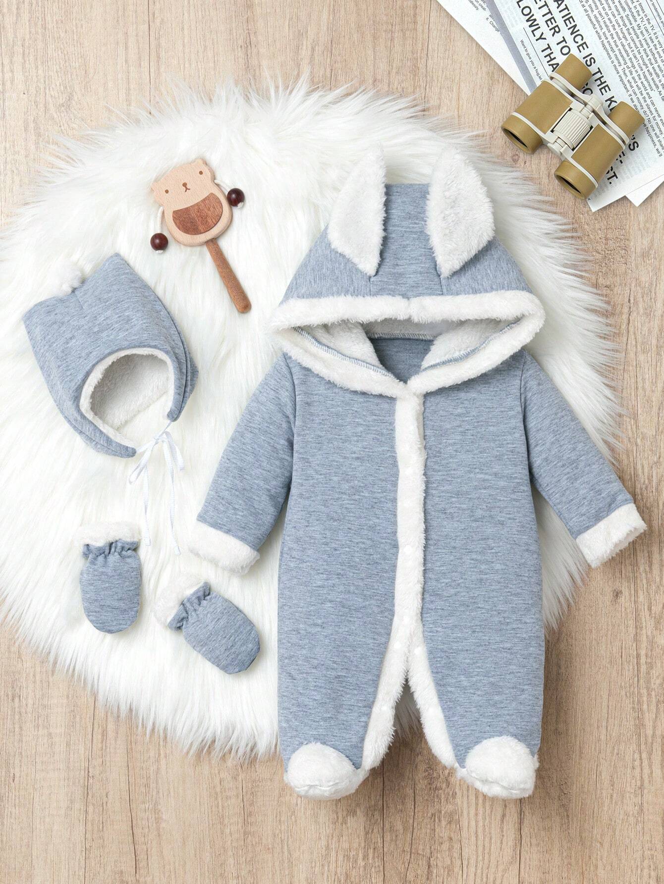  | SHEIN Baby Boys' Hooded Long-Eared Jumpsuit With Hat And Gloves Set | Dress | Shein | OneHub
