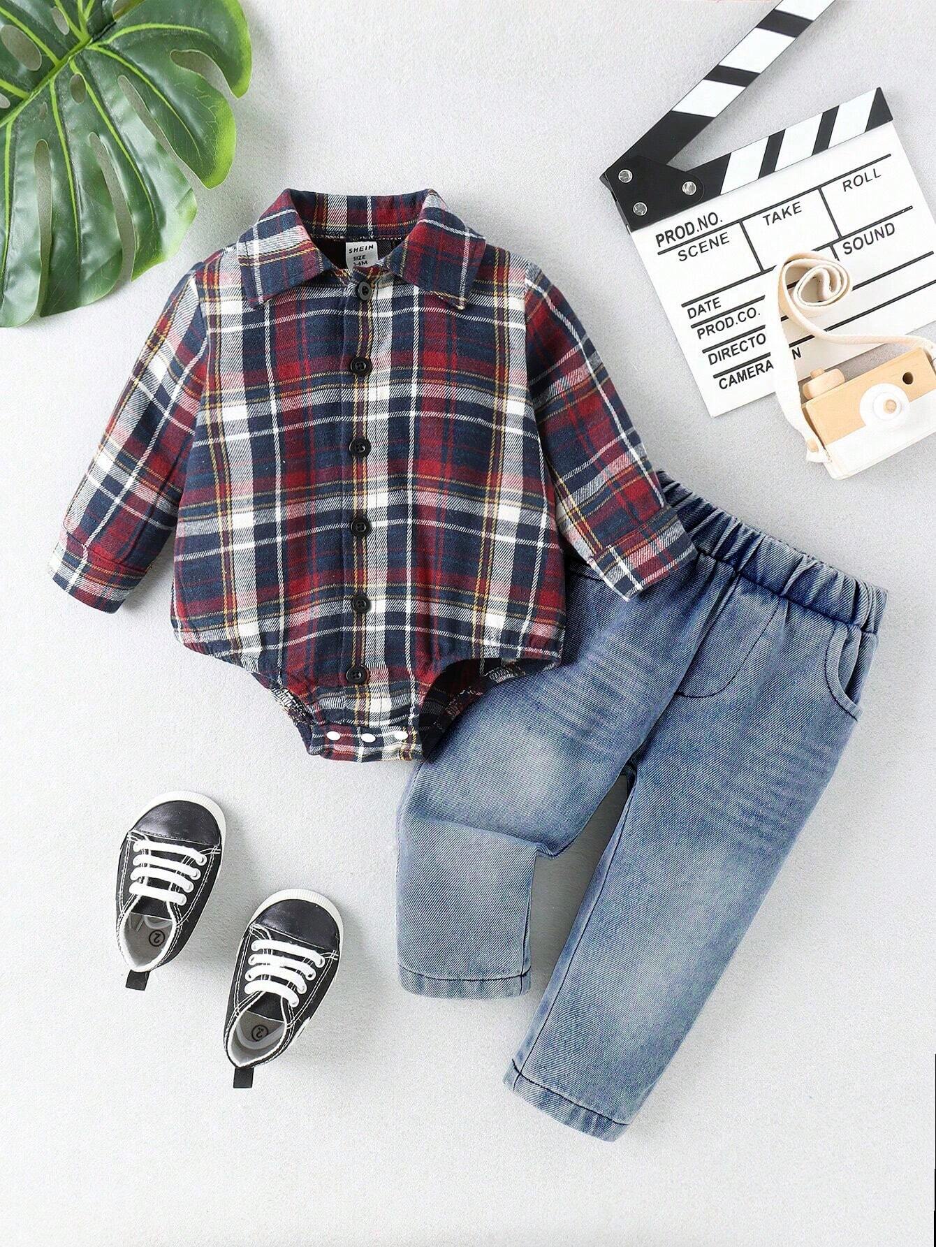  | SHEIN Baby Boys' Plaid Shirt With Denim Romper And Jeans Set | Romper | Shein | OneHub