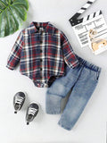  | SHEIN Baby Boys' Plaid Shirt With Denim Romper And Jeans Set | Romper | Shein | OneHub