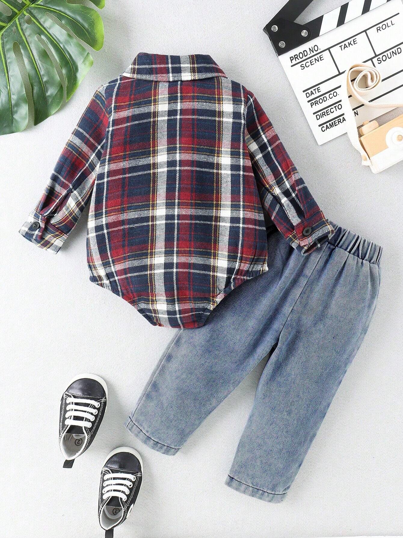  | SHEIN Baby Boys' Plaid Shirt With Denim Romper And Jeans Set | Romper | Shein | OneHub