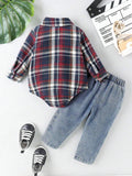  | SHEIN Baby Boys' Plaid Shirt With Denim Romper And Jeans Set | Romper | Shein | OneHub