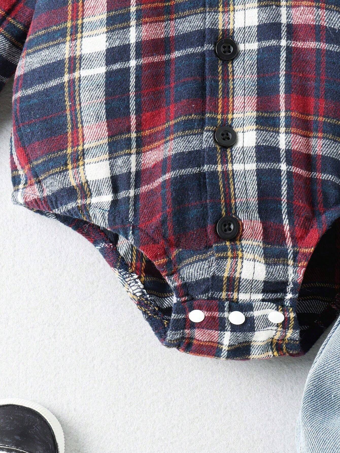  | SHEIN Baby Boys' Plaid Shirt With Denim Romper And Jeans Set | Romper | Shein | OneHub