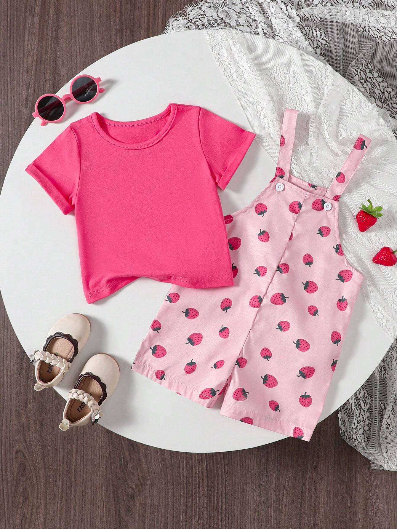  | SHEIN Baby Girl Casual Fashionable Berry Printed Overalls Shorts & Solid Short Sleeve T-Shirt Summer Outfit | Dress | Shein | OneHub