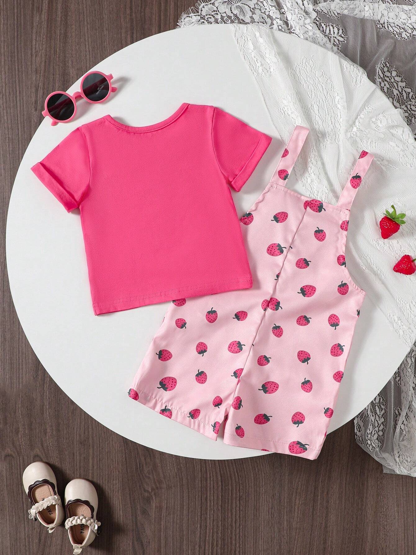  | SHEIN Baby Girl Casual Fashionable Berry Printed Overalls Shorts & Solid Short Sleeve T-Shirt Summer Outfit | Dress | Shein | OneHub