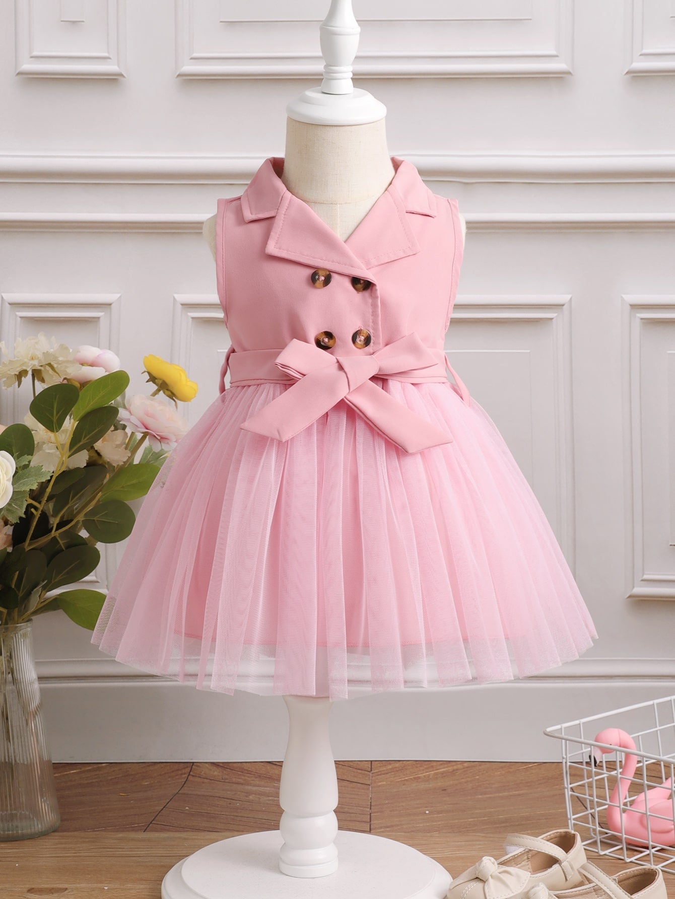  | SHEIN Baby Girl Double Button Mesh Hem Belted Dress | Dress | Shein | OneHub