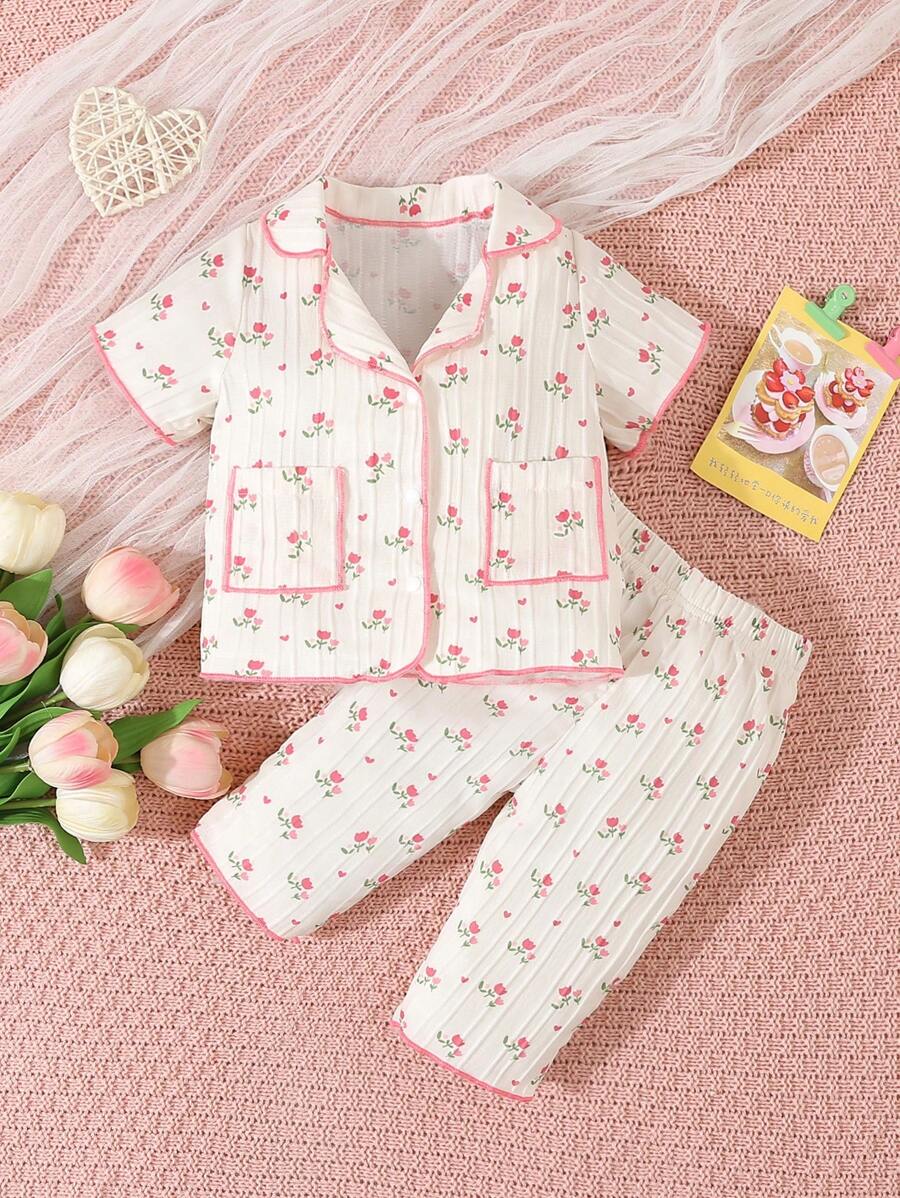  | SHEIN Baby Girl Light Pink Simple Print Short Sleeve T-Shirt And Shorts Casual 2pcs Home Outfit | Bodysuit | Shein | OneHub